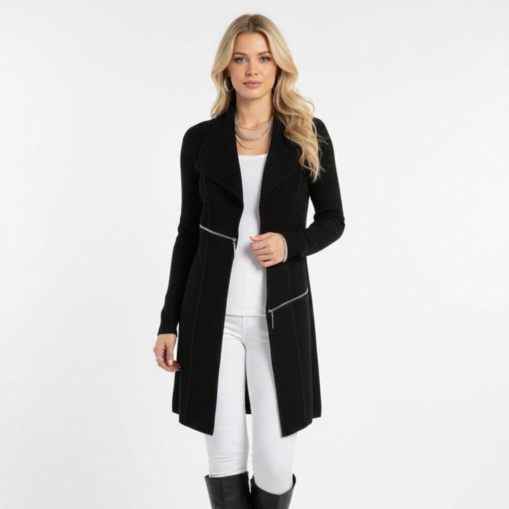 Eva Varro Black Barcelona Zipper Open front Woven Duster Sweater Jacket M